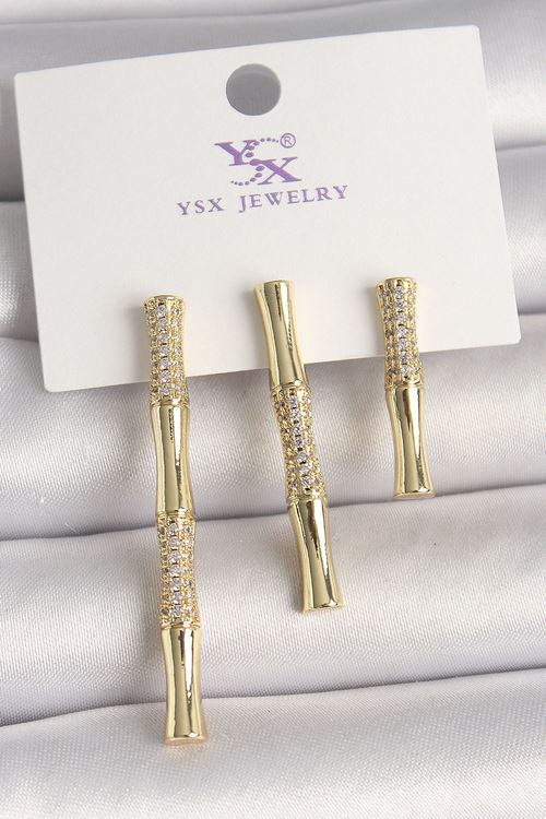 YRTCL Pirinç Gold Renk Zirkon Taşlı Bambu Model 3'Lü Kadın Kombin Küpe