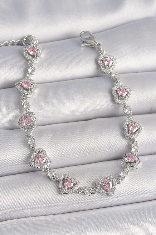 YRTCL Pirinç Gümüş Renk Zirkon Taşlı Pembe Kalp Model VIP Seri Kadın Bileklik