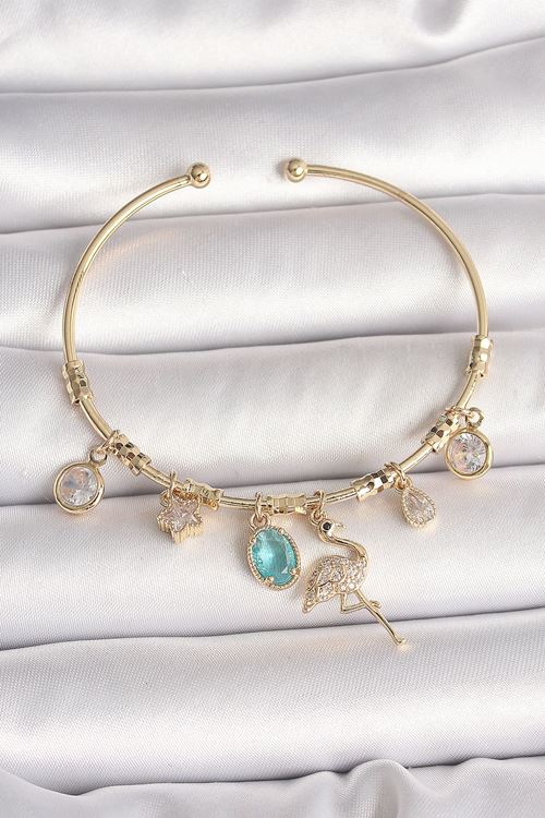 YRTCL Pirinç Gold Renk Zirkon Taşlı Sallantı Filamingo Figür Charm Kadın Bileklik