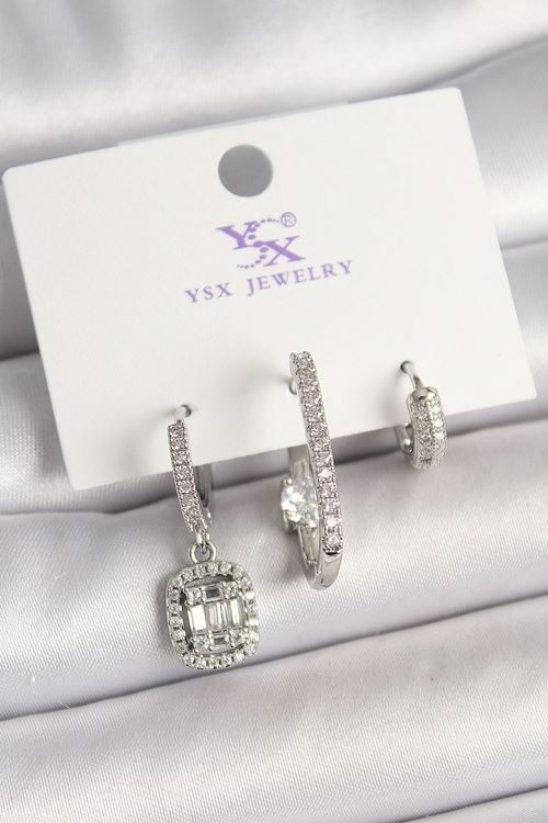 YRTCL Pirinç Gümüş Renk Zirkon Taşlı Baget Halka Model 3'Lü Kadın Kombin Küpe