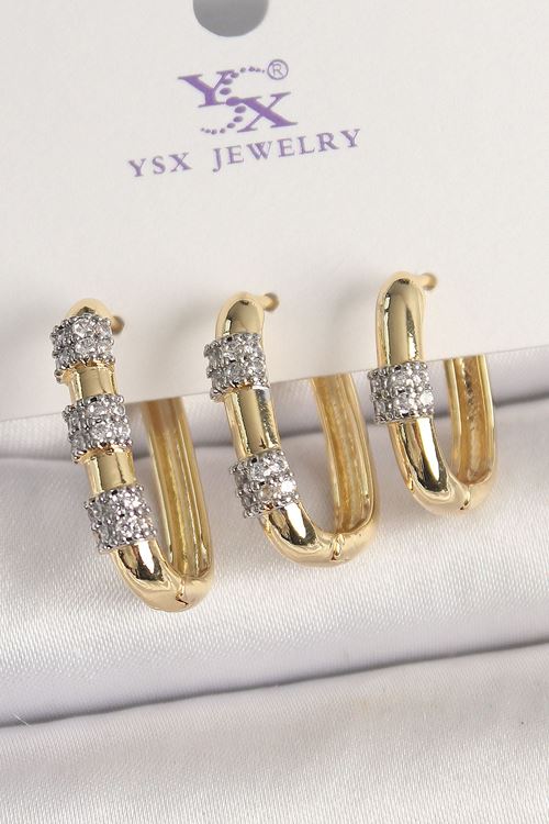 YRTCL Pirinç Gold Renk 3'Lü Halka Model Gümüş Zirkon Taş Detaylı Kadın Kombin Küpe