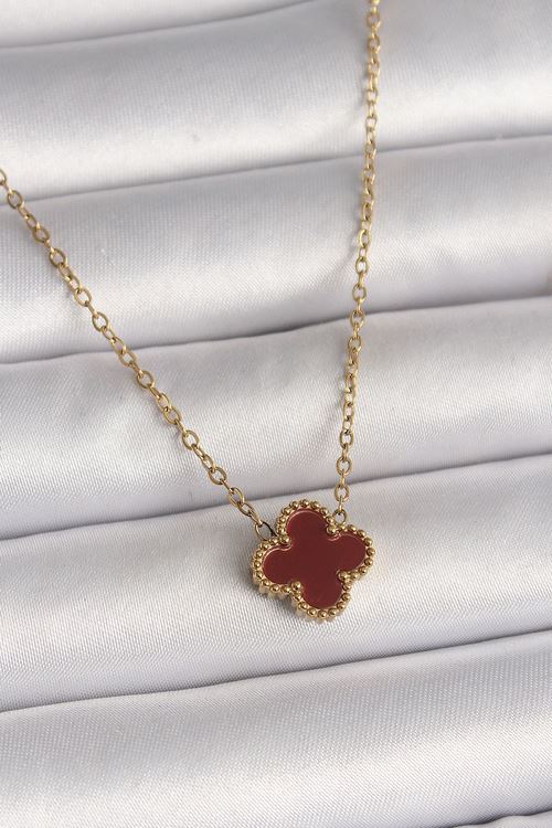 YRTCL 316L Çelik Gold Renk Bordo Yonca Model Kadın Kolye