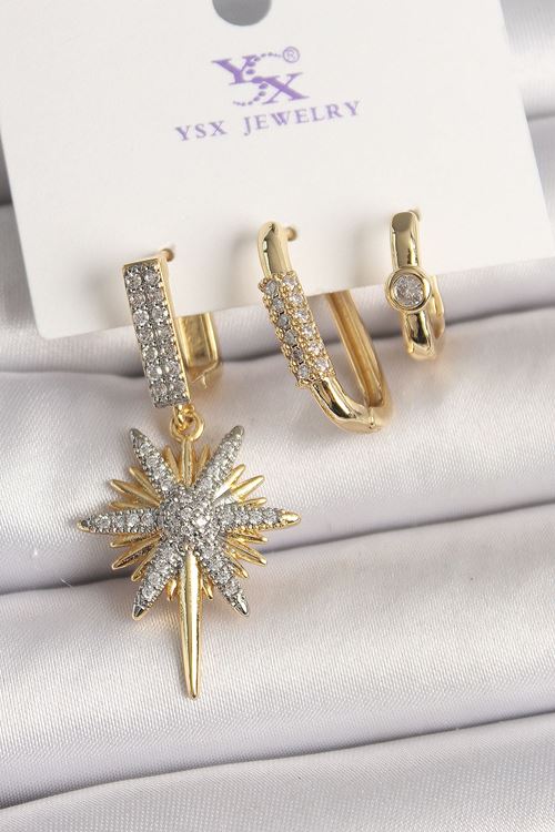 YRTCL Pirinç Gold Renk Sallantı Zirkon Taşlı Kutup Yıldız Model 3'Lü Kadın Kombin Küpe