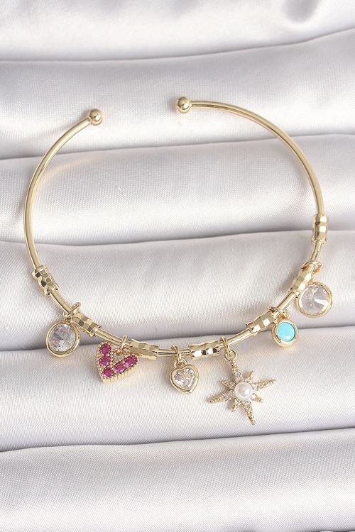 YRTCL Pirinç Gold Renk Zirkon Taşlı Sallantı Kutup Yıldız Figür İnci Detay Charm Kadın Bileklik