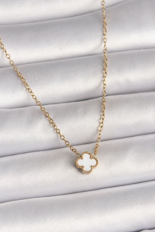 YRTCL 316L Çelik Gold Renk Beyaz Yonca Model Kadın Kolye