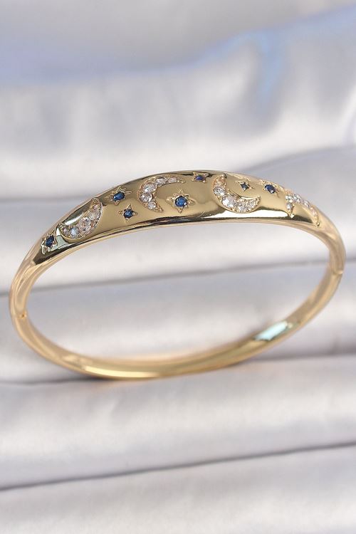 YRTCL Pirinç Gold Renk Zirkon Taşlı Hilal İşleme Mavi Taşlı Yıldız Detay Kadın Kelepçe