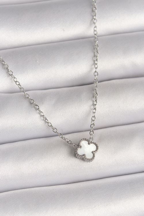 YRTCL 316L Çelik Gümüş Renk Beyaz Yonca Model Kadın Kolye