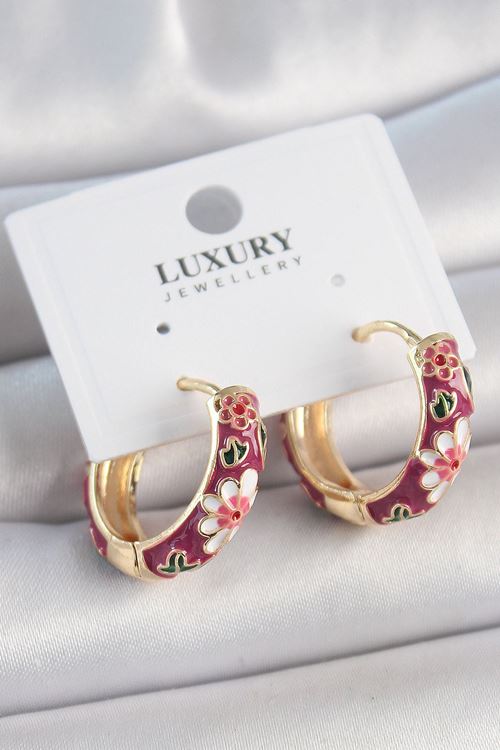 YRTCL Pirinç Gold Renk Halka Mor Çiçek Mineli Kadın Küpe