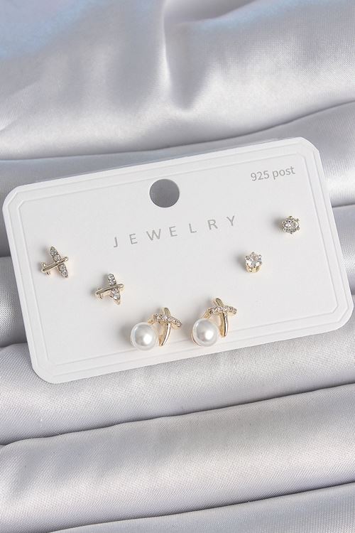 YRTCL Pirinç Gold Renk Zirkon Taşlı Kelebek Model İnci Detay 925 Ayar Gümüş Çivi Kadın Küpe Seti