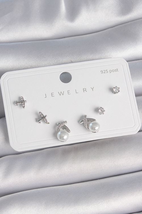 YRTCL Pirinç Gümüş Renk Zirkon Taşlı Kelebek Model İnci Detay 925 Ayar Gümüş Çivi Kadın Küpe Seti