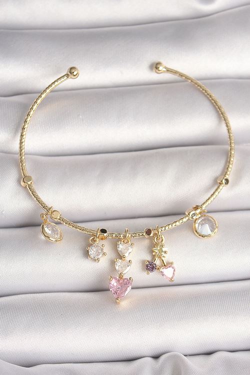 YRTCL Pirinç Gold Renk Sallantı Zirkon Taşlı Kalp Figür Pembe Kalp Detay Charm Kadın Bileklik