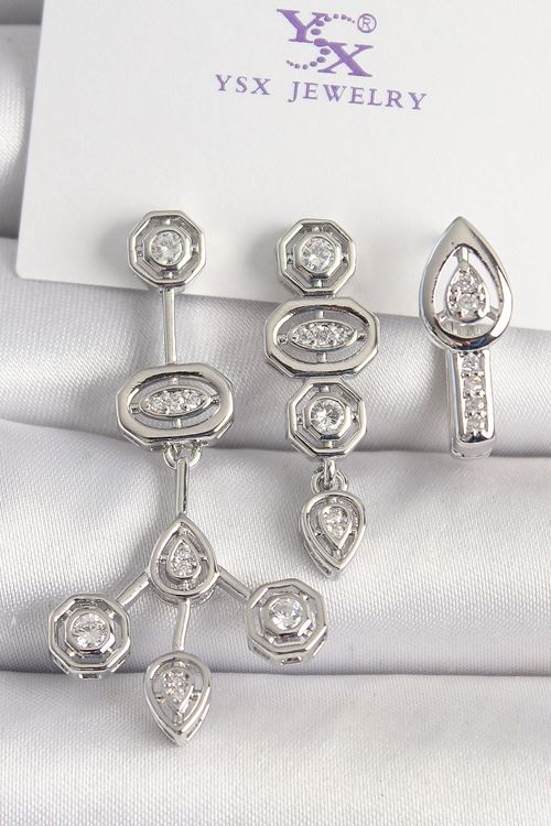 YRTCL Pirinç Gümüş Renk Zirkon Taşlı Geometrik Model 3'Lü Kadın Kombin Küpe