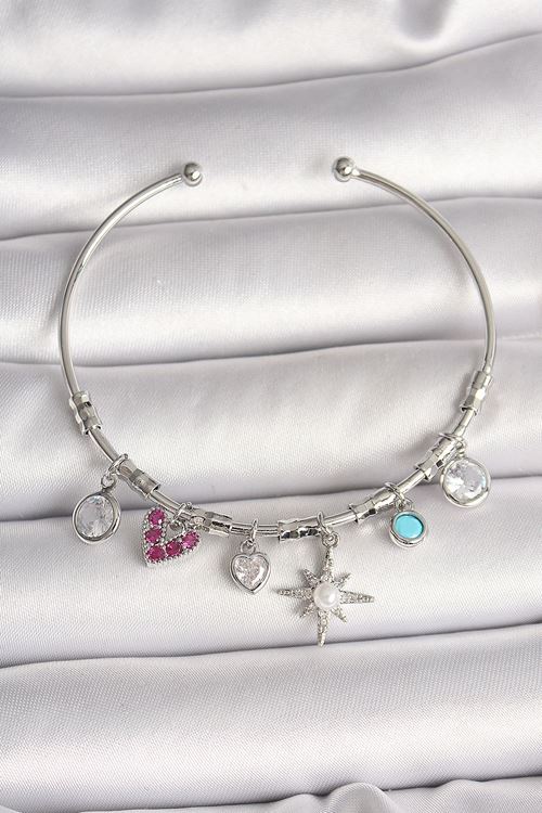 YRTCL Pirinç Gümüş Renk Sallantı Zirkon Taşlı Kutup Yıldız Figür Kalp Detay Charm Kadın Bileklik