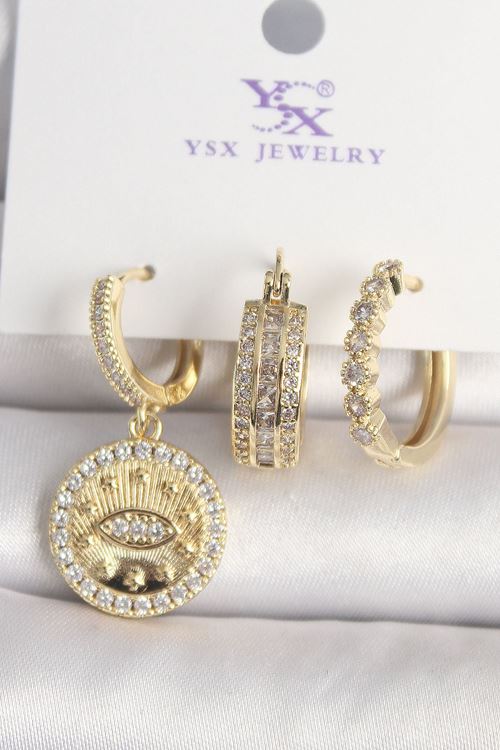 YRTCL Pirinç Gold Renk Zirkon Taşlı Göz İşlemeli Model  3'Lü Kadın Kombin Küpe