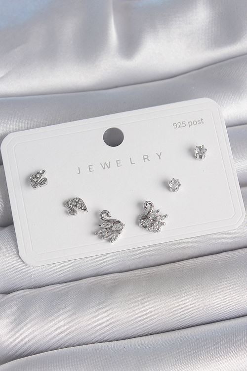 YRTCL Pirinç Gümüş Renk Zirkon Taşlı Kuğu Model 925 Ayar Gümüş Çivi Kadın Küpe Seti