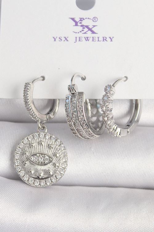 YRTCL Pirinç Gümüş Renk Zirkon Taşlı Göz İşlemeli Halka Model 3'Lü Kadın Kombin Küpe