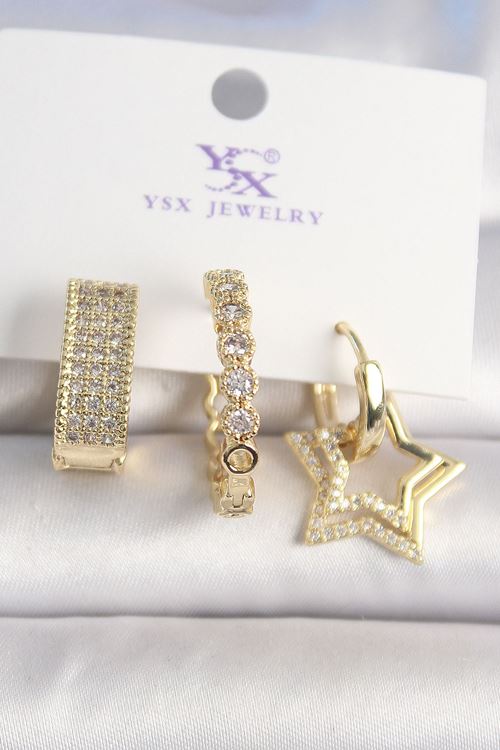 YRTCL Pirinç Gold Renk Zirkon Taşlı Yıldız Figür Halka Model 3'Lü Kadın Kombin Küpe