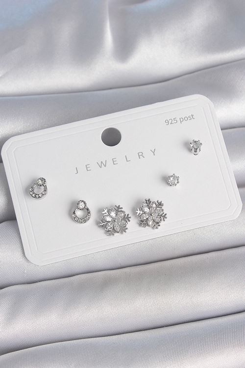 YRTCL Pirinç Gümüş Renk Zirkon Taşlı Kar Tanesi Model 925 Ayar Gümüş Çivi Kadın Küpe Seti