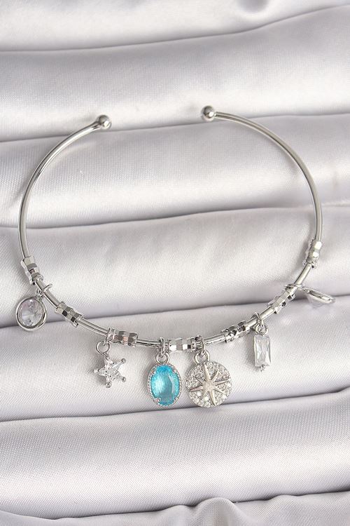 YRTCL Pirinç Gümüş Renk Sallantı Pusula Figür Kalp Detay Charm Kadın Bileklik