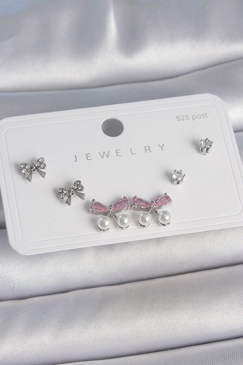 YRTCL Pirinç Gümüş Renk Pembe Zirkon Taşlı Kurdele Model İnci Detay 925 Ayar Gümüş Çivi Kadın Küpe Seti