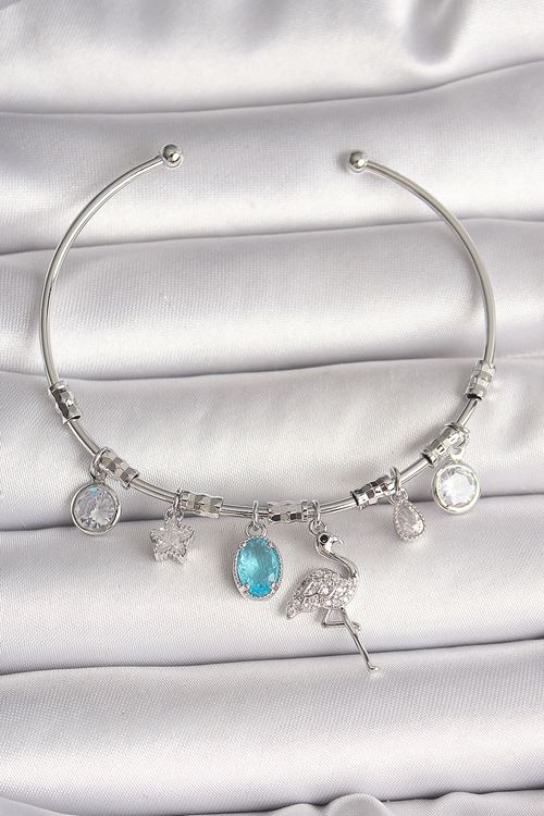 YRTCL Pirinç Gümüş Renk Sallantı Zirkon Taşlı Filaminga Figür Charm Kadın Bileklik