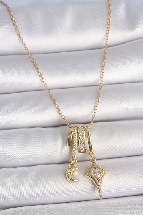YRTCL 316L Çelik Gold Renk Zirkon Taşlı Sallantı Ay Yıldız Figür Charm Kadın Kolye