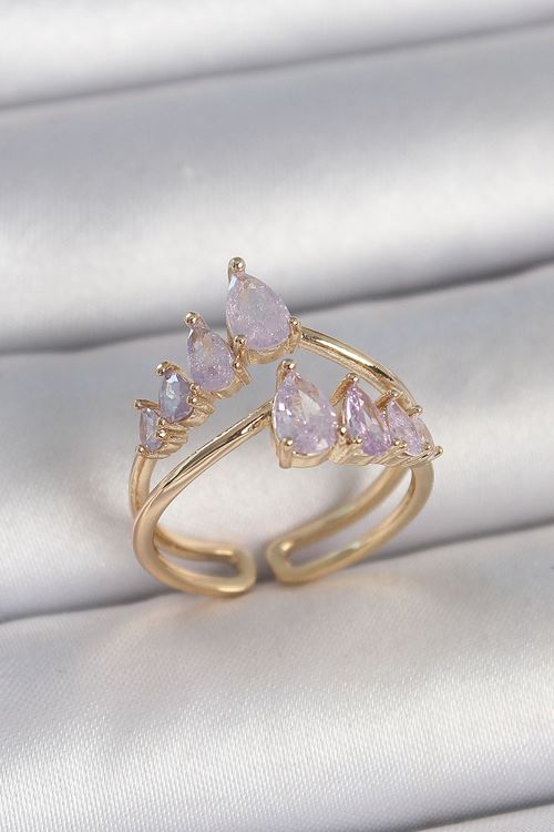 YRTCL Pirinç Gold Renk Mor Damla Zirkon Taşlı Taç Model Kadın Yüzük