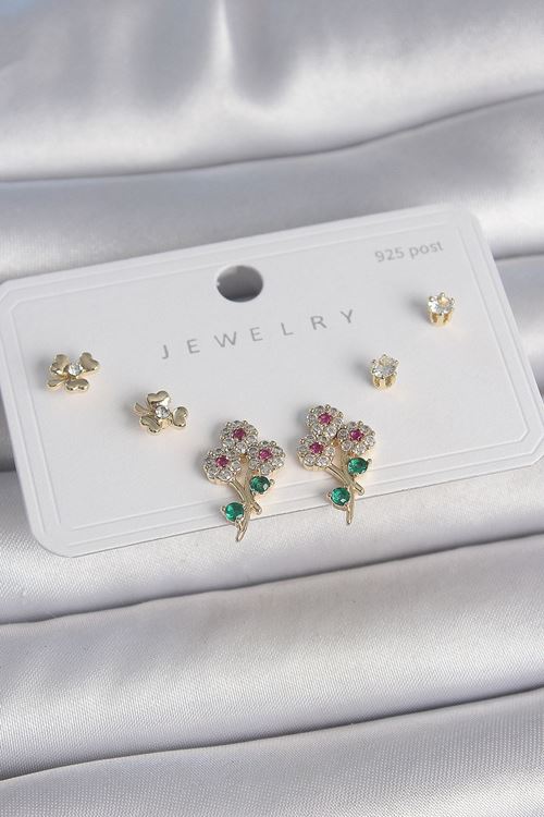 YRTCL Pirinç Gold Renk Renkli Zirkon Taşlı Çiçek Model Yaprak Detay 925 Ayar Gümüş Çivi Kadın Küpe Seti