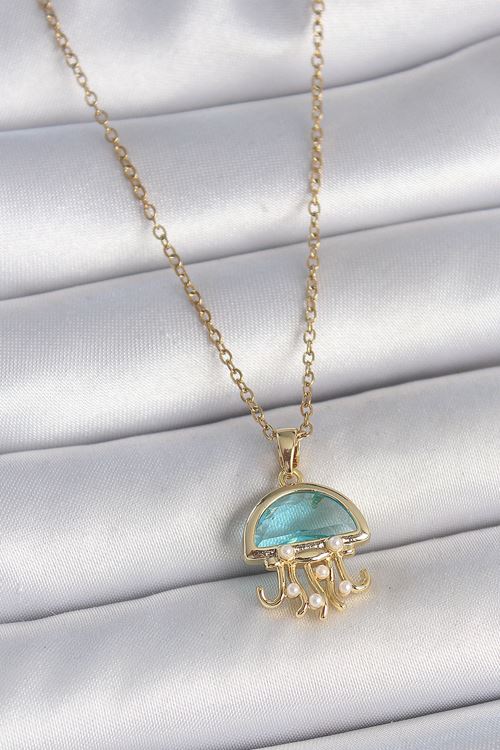 YRTCL 316L Çelik Gold Renk Mavi Taşlı Deniz Anası Model İnci Detay Kadın Kolye