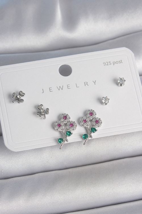 YRTCL Pirinç Gümüş Renk Renkli Zirkon Taşlı Çiçek Model Yaprak Detay 925 Ayar Gümüş Çivi Kadın Küpe Seti