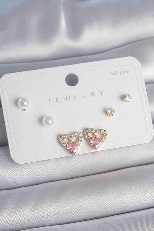 YRTCL Pirinç Gold Renk Pembe Zirkon Taşlı Kalp Model İnci Detay 925 Ayar Kadın Küpe Seti