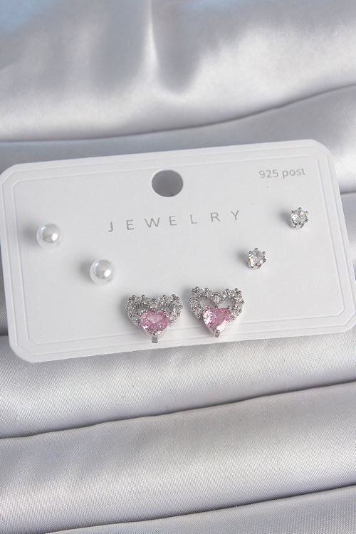 YRTCL Pirinç Gümüş Renk Pembe Zirkon Taşlı Kalp Model İnci Detay 925 Ayar Gümüş Çivi Kadın Küpe Seti