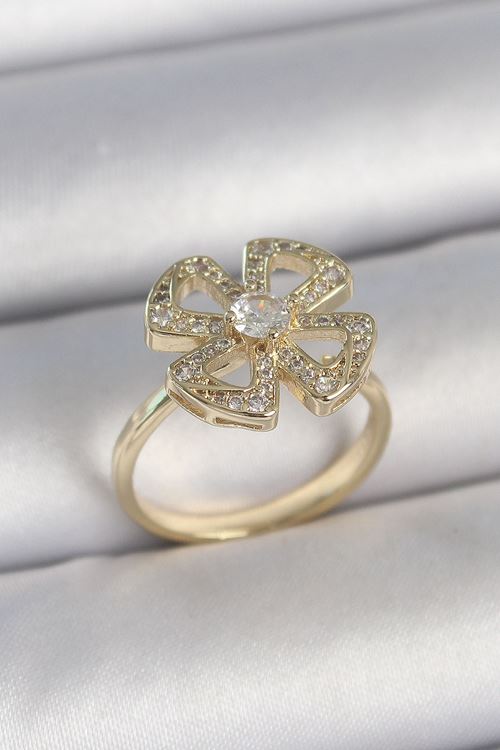 YRTCL Pirinç Gold Renk Zirkon Taşlı Yonca Model Ayarlanabilir Kadın Yüzük