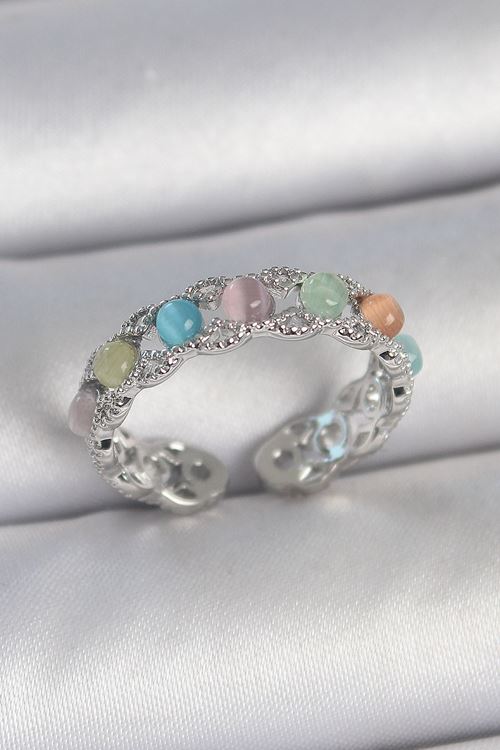 YRTCL Pirinç Gümüş Renk Renkli Mineli Ayarlanabilir Kadın Yüzük