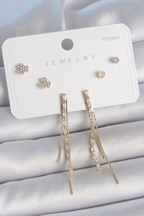 YRTCL Pirinç Gold Renk Su Yolu Zirkon Taşlı Sallantı Model Çiçek Detay 925 Ayar Gümüş Çivi Kadın Küpe Seti