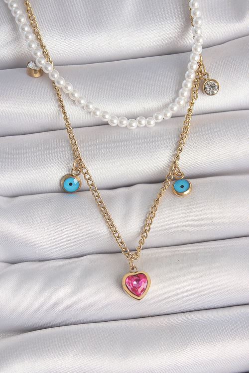 YRTCL 316L Çelik Gold Renk 2'Li İnci Zincir Model Pembe Taşlı Kalp Figür Nazar Boncuk Detay Kadın Kolye