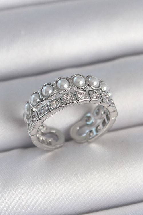 YRTCL Pirinç Gümüş Renk 2'Li Sıra Zirkon Taşlı Ve İncili Ayarlanabilir Kadın Yüzük