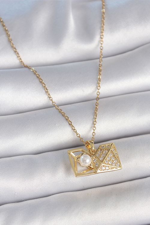 YRTCL 316L Çelik Gold Renk Zincir Zirkon Taşlı Açılır İncili Elmas Model Kadın Kolye