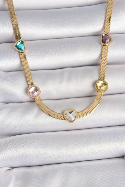 YRTCL 316L Çelik Gold Renk İtalyan Zincir Renkli Zirkon Taşlı Kalp Figür Kadın Kolye