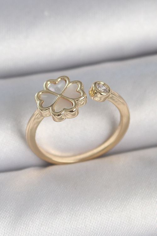 YRTCL Pirinç Gold Renk Beyaz Mineli Yonca Model Zirkon Taş Detay Ayarlanabilir Kadın Yüzük