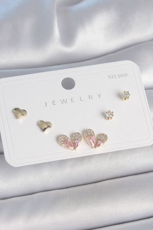 YRTCL Pirinç Gold Renk Pembe Zirkon Taşlı Kalp Model 925 Ayar Gümüş Çivi Kadın Küpe Seti