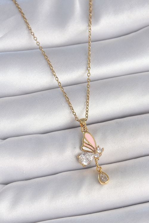 YRTCL 316L Çelik Gold Renk Zincir Damla Zirkon Taşlı Kelebek Model Sallantı Detay Kadın Kolye