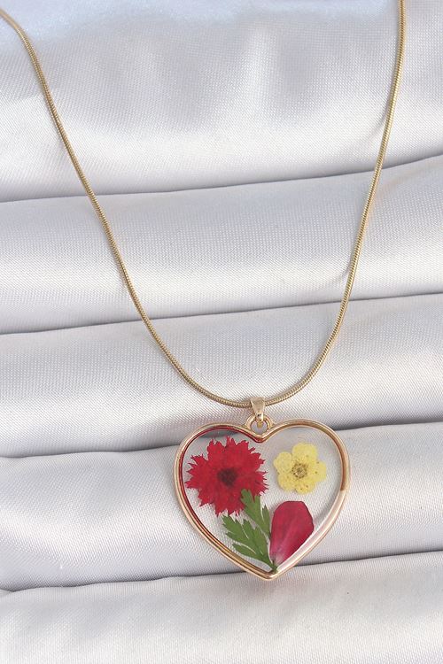 YRTCL 316L Çelik Gold Renk Zincir Epokis Kalp Doğal Çiçek Model Kadın Kolye