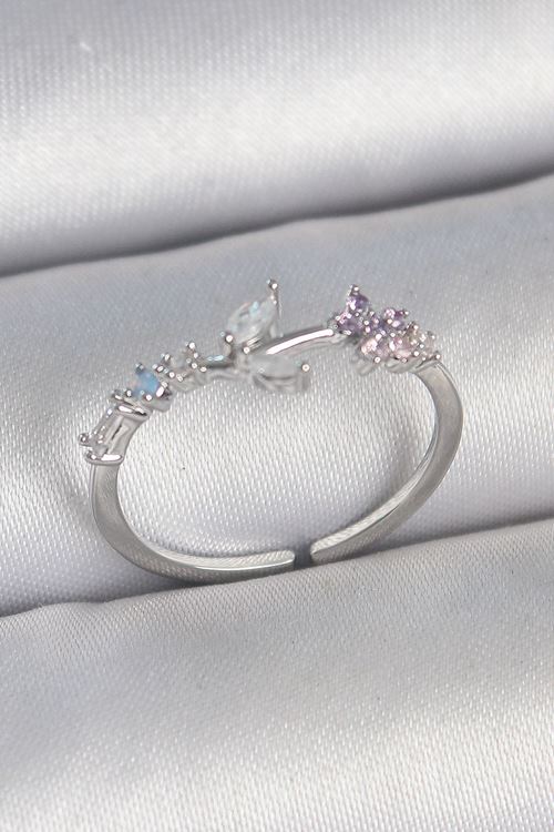 YRTCL Pirinç Gümüş Renk Zirkon Taşlı Çiçek Model Ayarlanabilir Kadın Yüzük