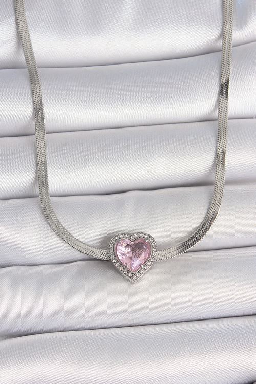 YRTCL 316L Çelik Gümüş Renk İtalyan Zincir Pembe Zirkon Taşlı Kalp Model Kadın Kolye