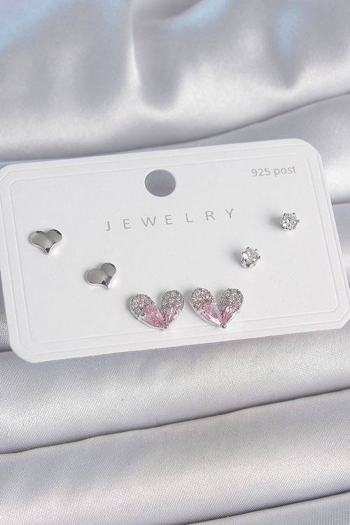 YRTCL Pirinç Gümüş Renk Pembe Zirkon Taşlı Kalp Model 925 Ayar Gümüş Çivi Kadın Küpe Seti