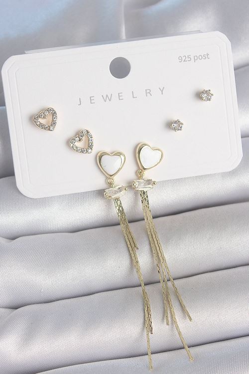 YRTCL Pirinç Gold Renk Beyaz Mineli Sallantı Mineli Kalp Model Zirkon Taş Detaylı 925 Ayar Gümüş Çivi Kadın Küpe Seti