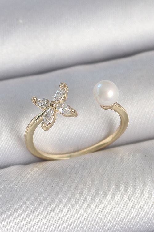 YRTCL Pirinç Gold Renk Zirkon Taşlı Çiçek Model İnci Detay Ayarlanabilir Kadın Yüzük