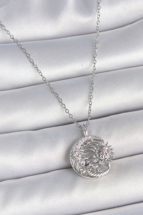 YRTCL 316L Çelik Gümüş Renk Zincir Ay Güneş Model Zirkon Taş Detay Kadın Kolye
