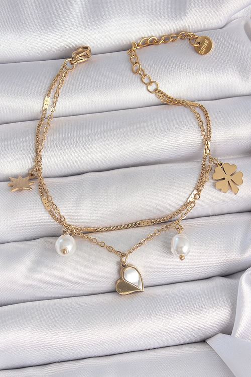 YRTCL 316L Çelik Gold Renk 2'li Zincir Model Sallantı Kalp Figür Yonca Detay Kadın Bileklik